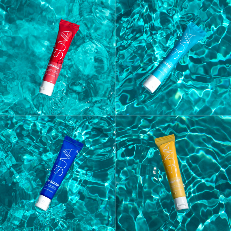 suva beauty opakes in ragamuffin red, blafou blue, and hello yellow and uv boost